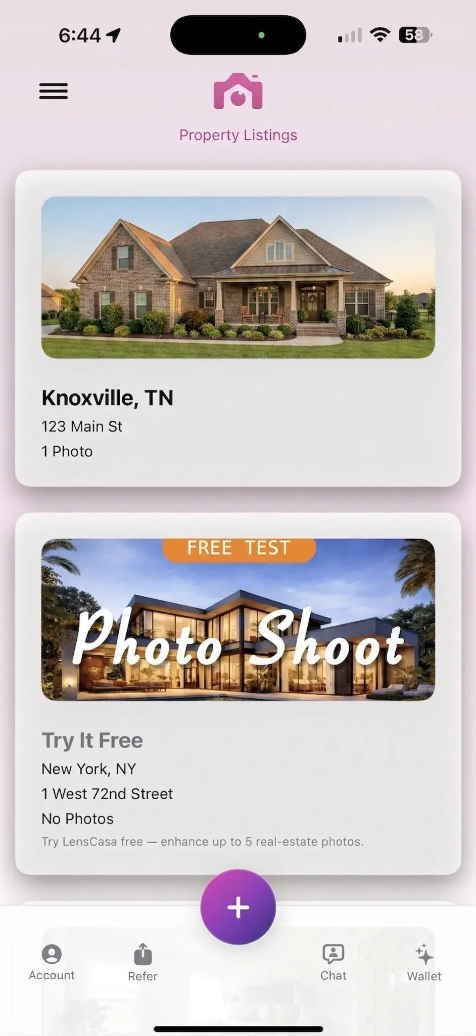 LensCasa app listings page screenshot